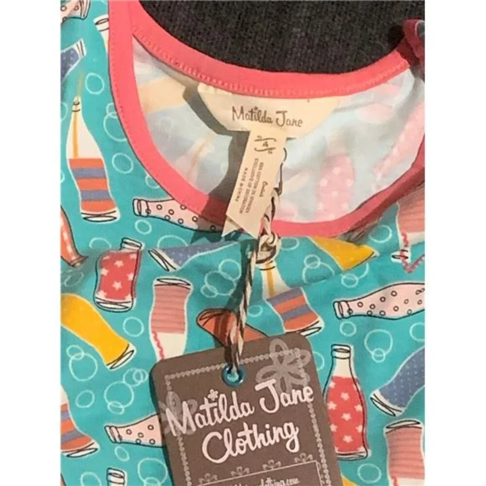 Matilda‎ Jane Clothing Soda Pop Dress Girls Size 4 Aqua Soda Bottles Ruffle Hem